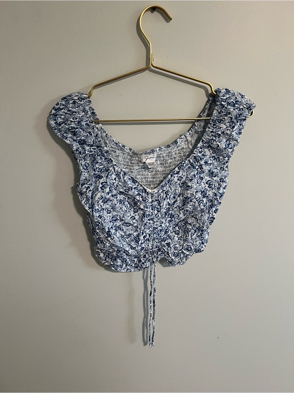 Japna White and Blue Floral Smocked Crop Top with Front Tie
